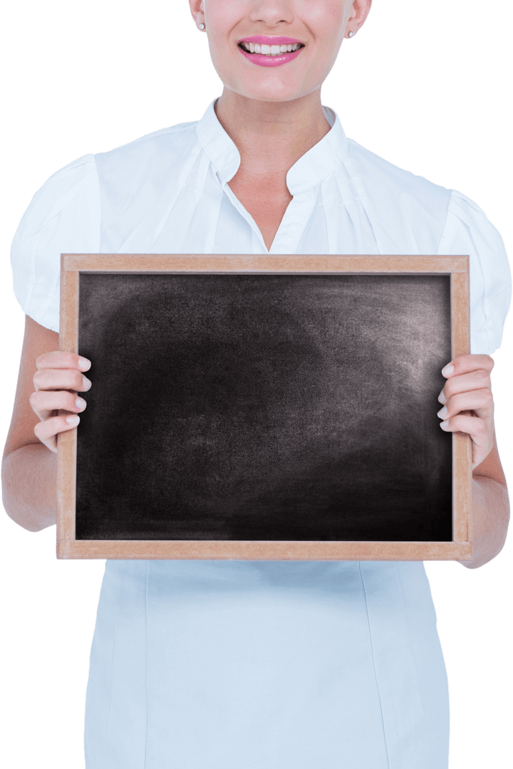 Transparent Woman Displaying Chalkboard Blank Surface