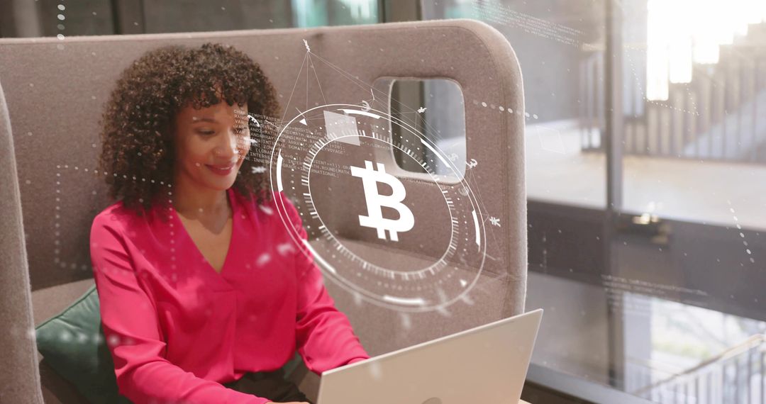 Businesswoman in Co-working Space with Bitcoin Digital Interface