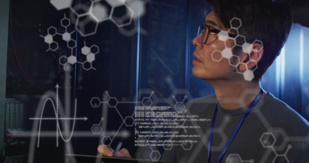 Asian Technician Analyzing Data with Futuristic Interface in Server Room