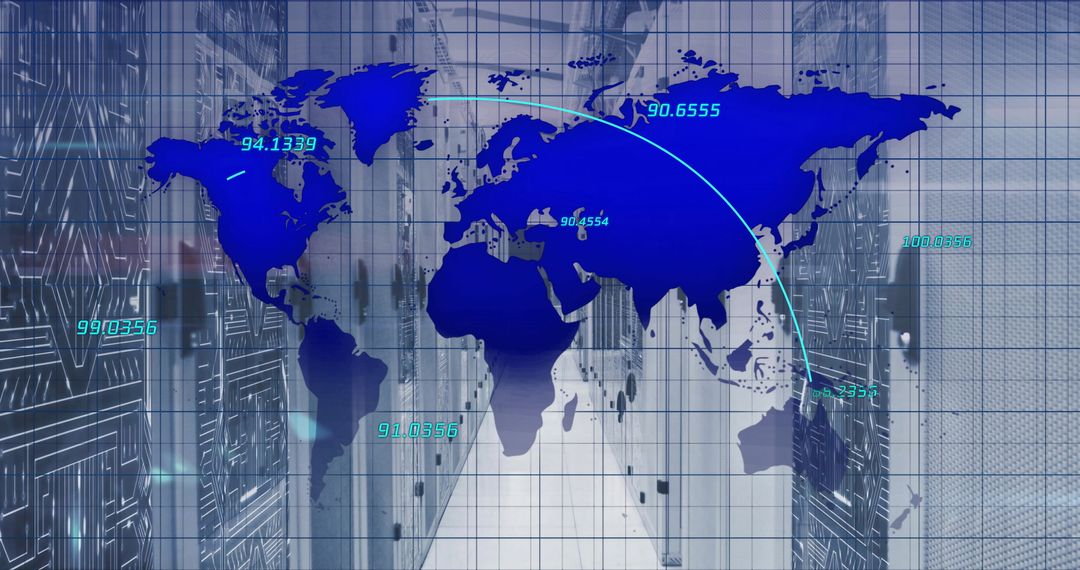 Global Data Network with World Map and Server Racks