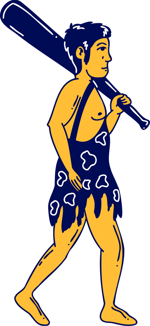 Primitive Caveman with Wooden Club on Transparent Background