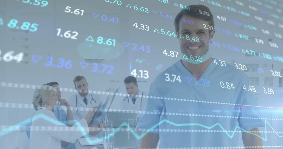Smiling Male Doctor with Financial Graph Data Overlay in Hospital