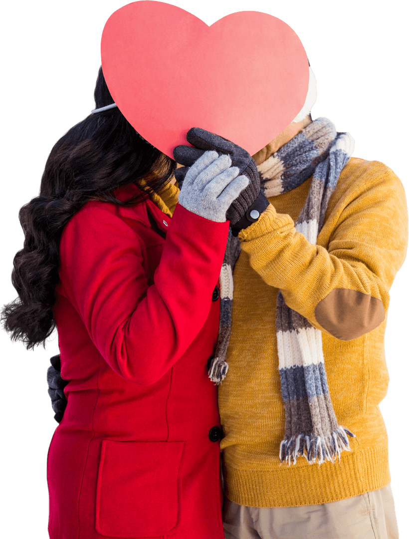 Transparent Couple Hiding Kiss Behind Heart on Cold Winter Day