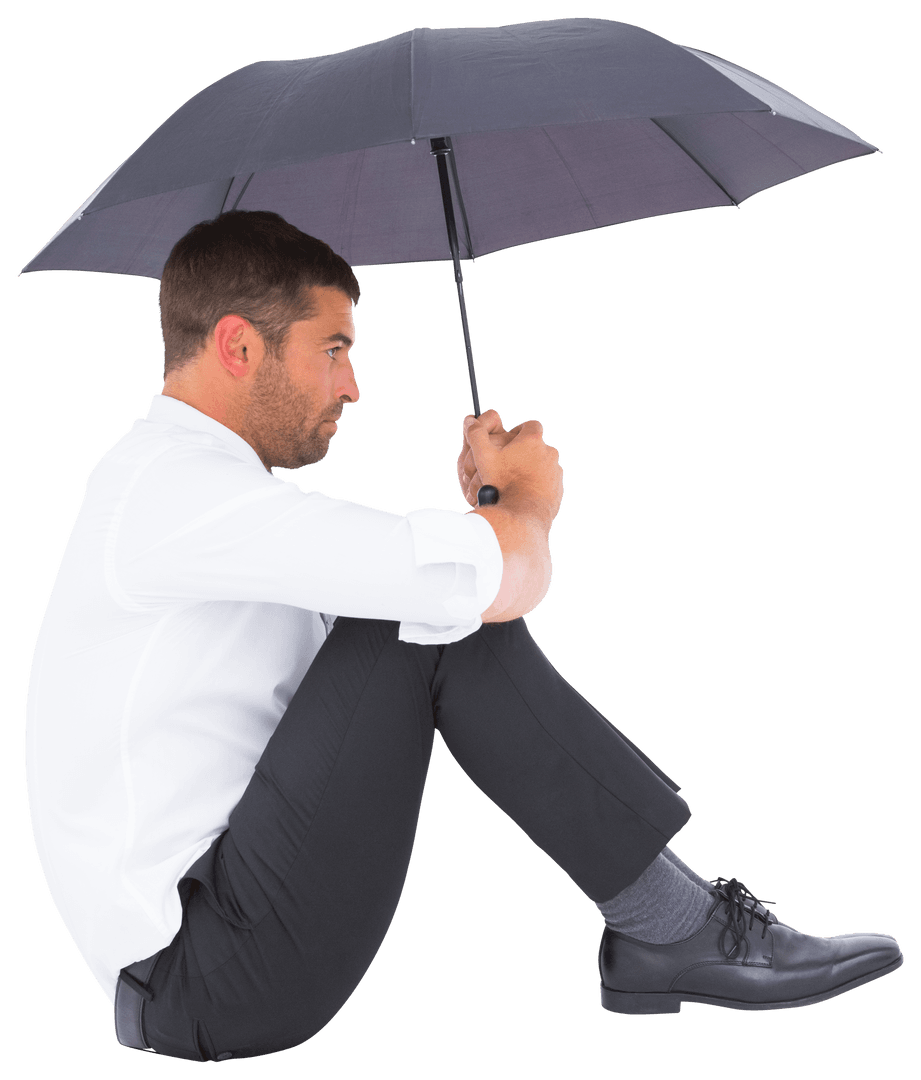 Transparent Businessman Sitting with Black Umbrella