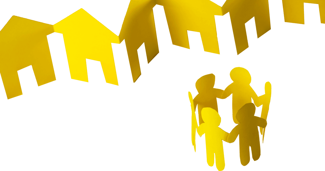 Transparent Yellow Figures Holding Hands by Paper Houses