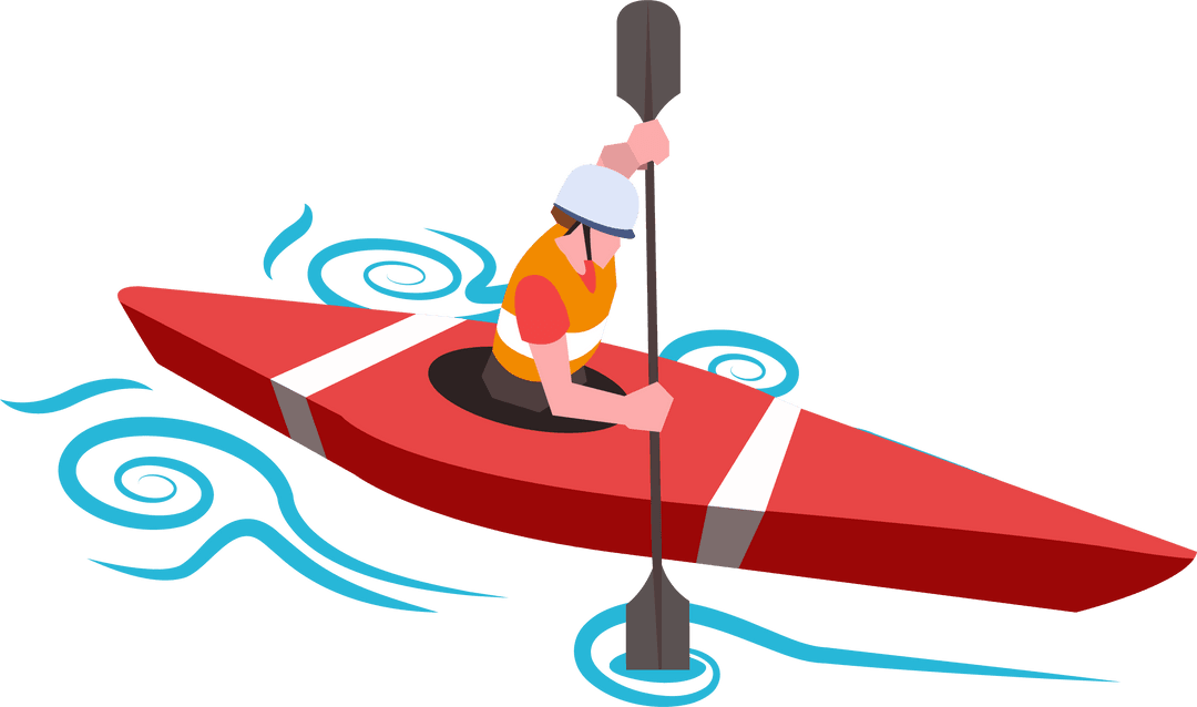 Kayaker in Red Kayak with Helmet and Vest on Transparent Background