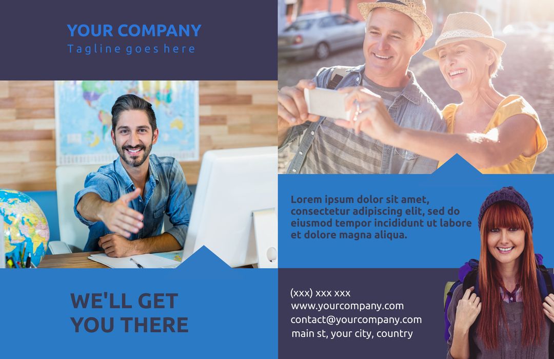 Travel agency advertisement with happy travelers and booking agent