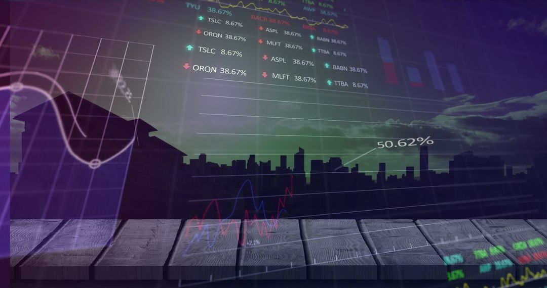 Futuristic Cityscape Overlaid with Financial Data Graphs