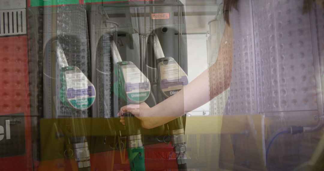 Pumping Gas Station Overlapping City Buildings Conceptual Blend