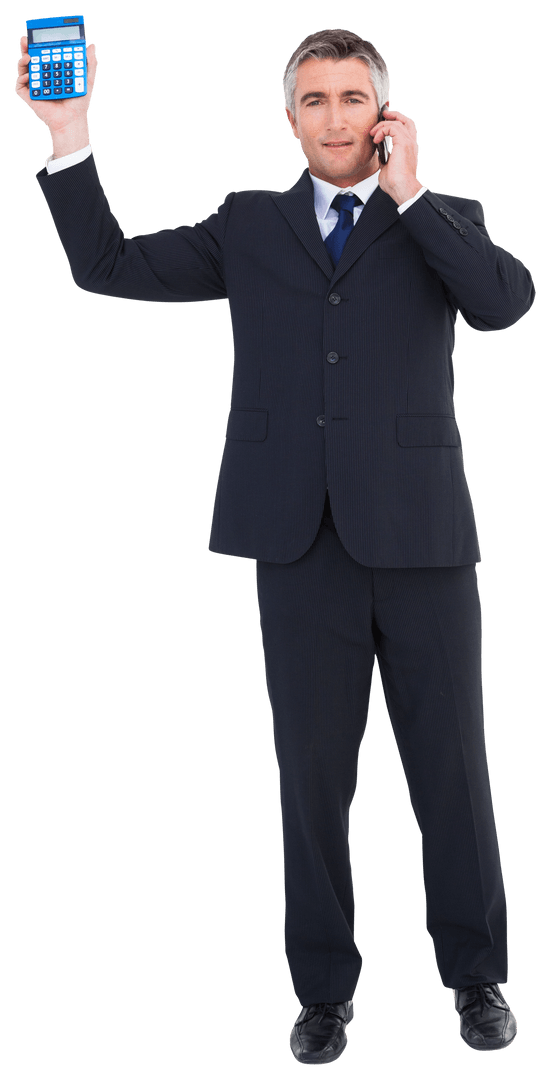 Transparent Businessman on Phone Holding a Calculator