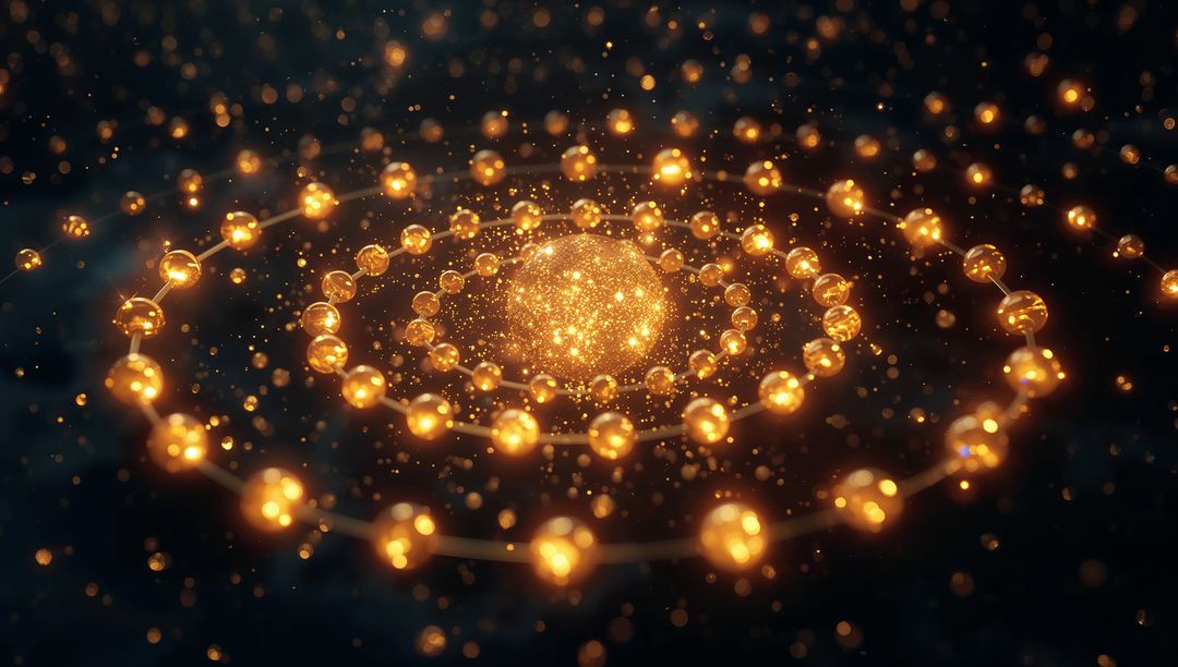 Spiraling Golden Orbits Radiating Luminous Particles Around Glowing Core