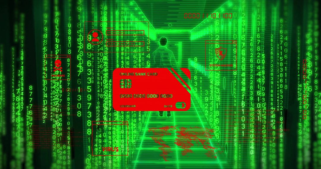 Cybersecurity Threat with Glowing Red Credit Card Overlay