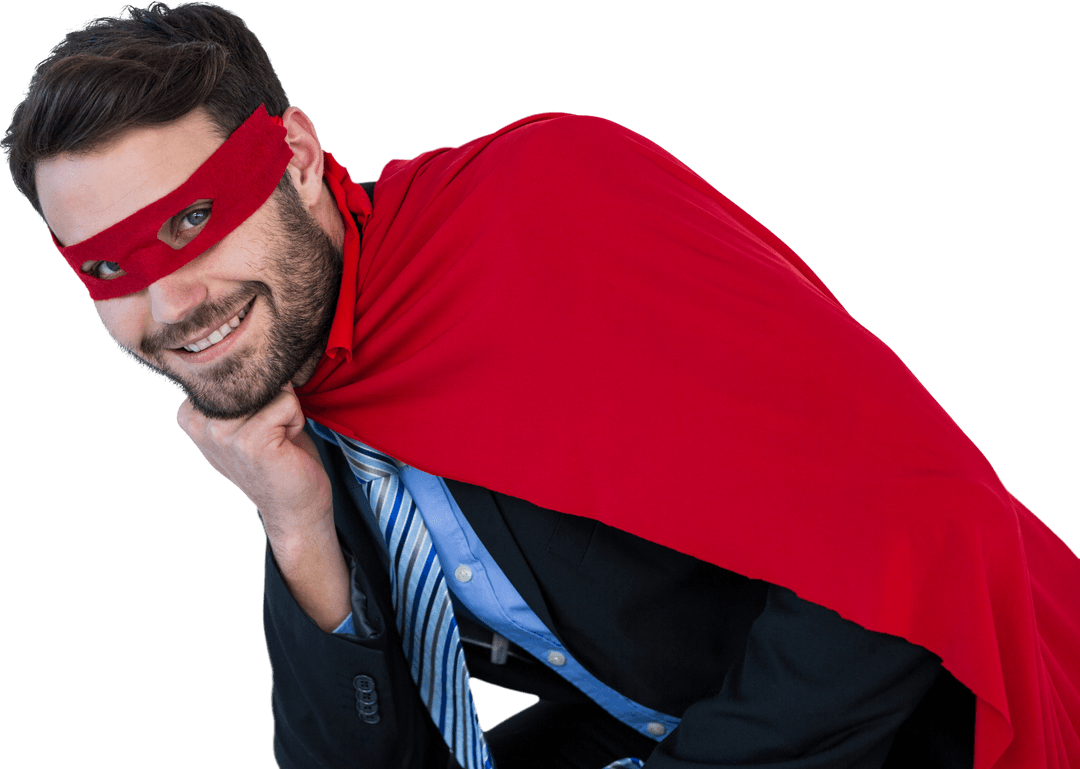Businessman with Transparent Red Cape and Mask Smiling Confidently