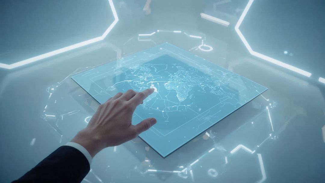 Navigating Holographic World Map on Futuristic Touchscreen Table
