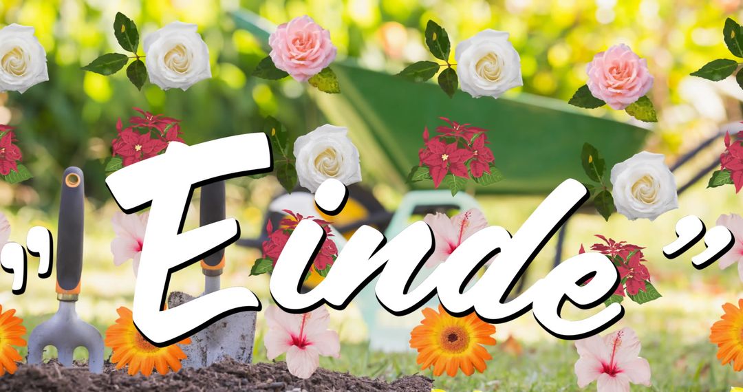 Colorful Floral Collage with Einde Text in Garden
