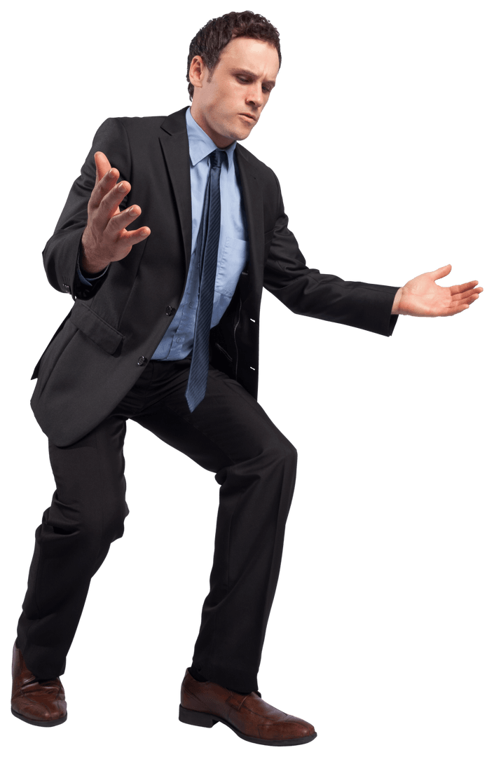 Transparent Businessman Standing Arms Outstretched Problem Solving