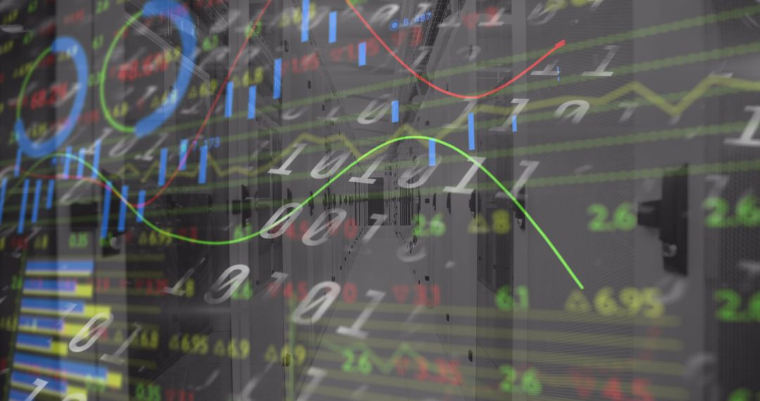 Digital Interface of Financial Data Overlays a Busy Server Room