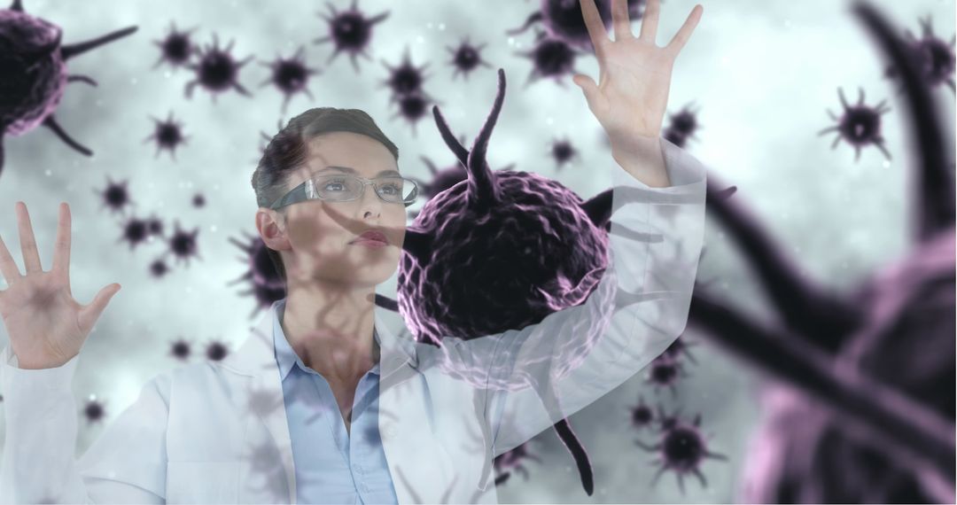 Scientist Interacting with Virtual Viruses on Digital Interface
