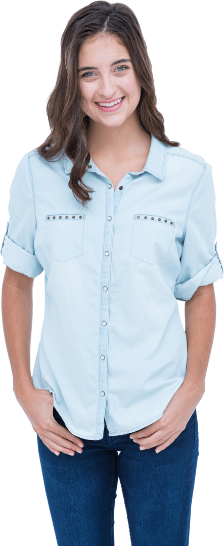 Transparent Relatable Young Woman Smiling in Casual Attire