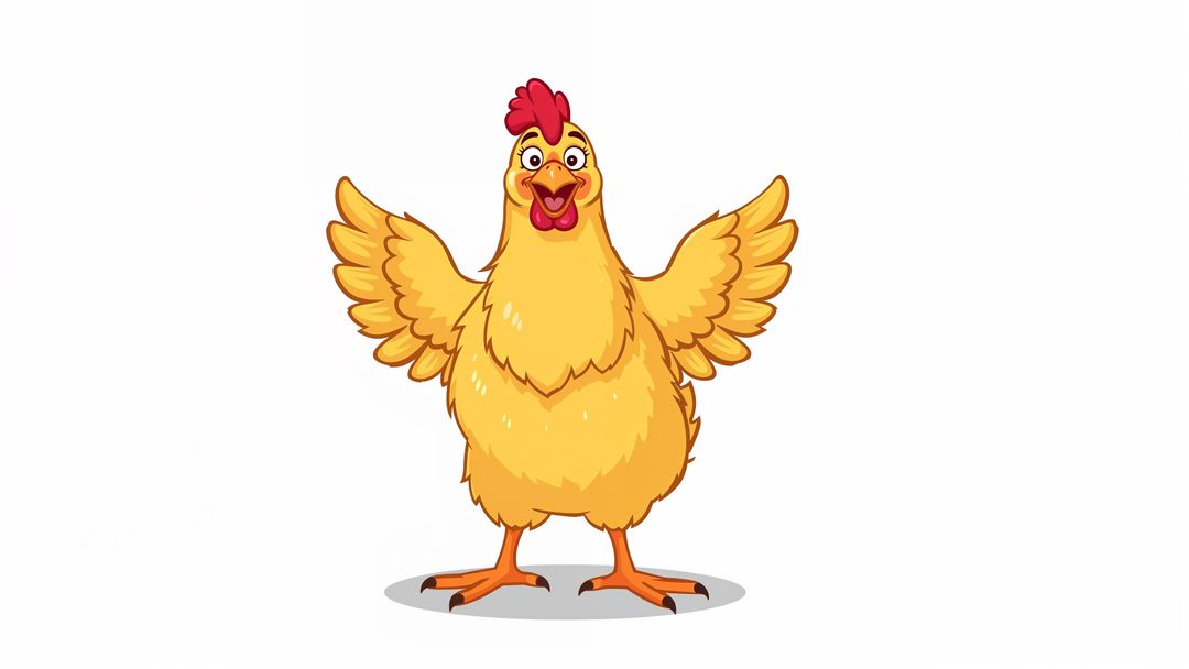 Happy yellow cartoon chicken cheerfully spreading wings