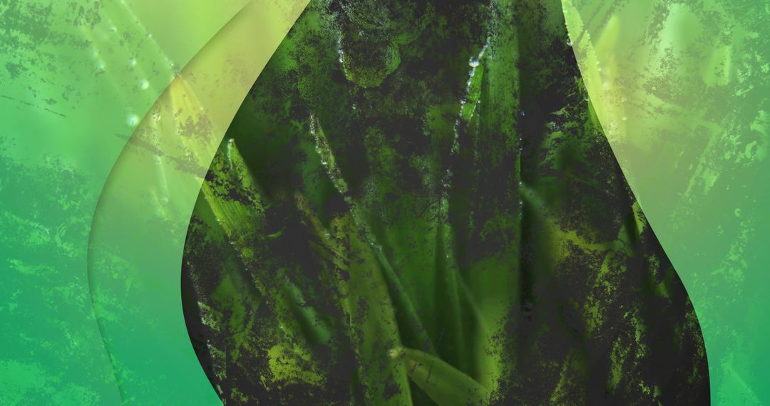 Translucent green teardrop collage with layered foliage texture and grunge speckle macro closeup