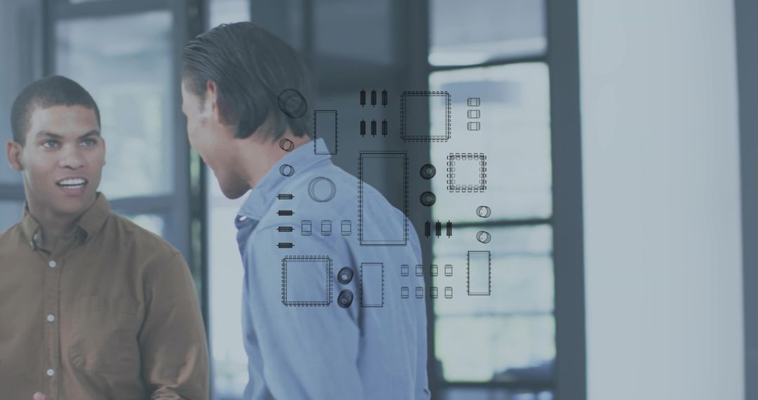 Coworkers discussing tech design with circuit overlay in modern office workspace