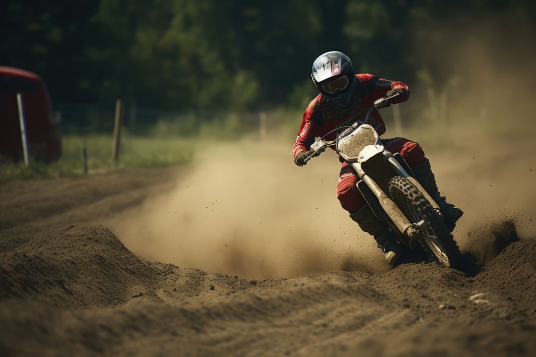 Man riding racing bike on dirt track, created using generative ai technology - Free Images, Stock Photos and Pictures on Pikwizard.com