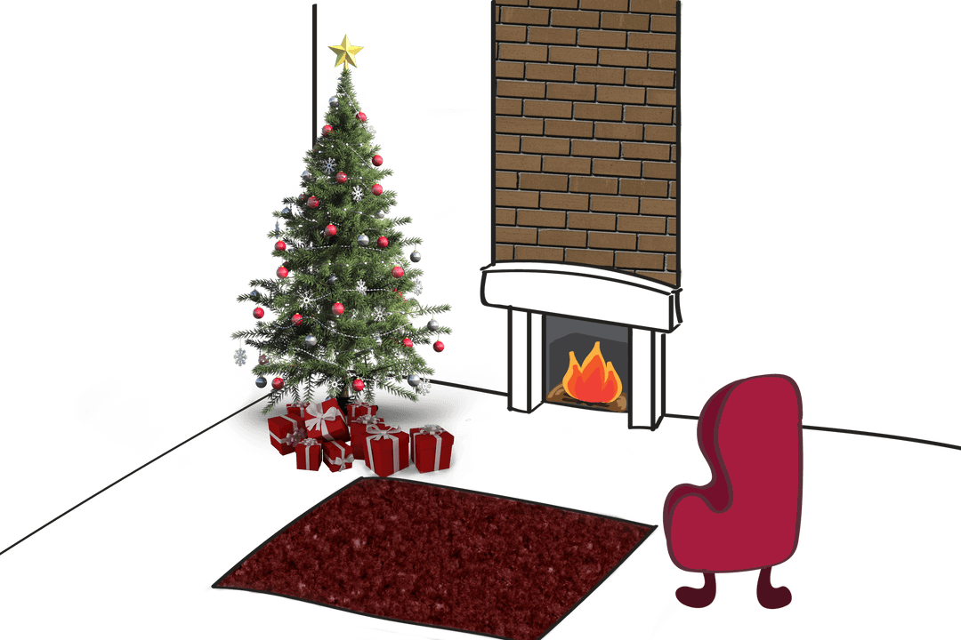 Cozy Christmas Living Room with Fire and Decorated Tree