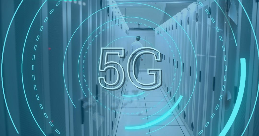 5G Technology Overlay with Engineer in Server Room