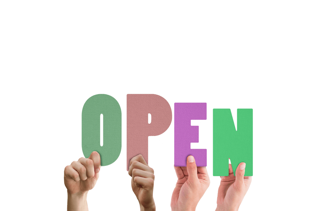 Transparent Hands Holding Colorful Open Sign