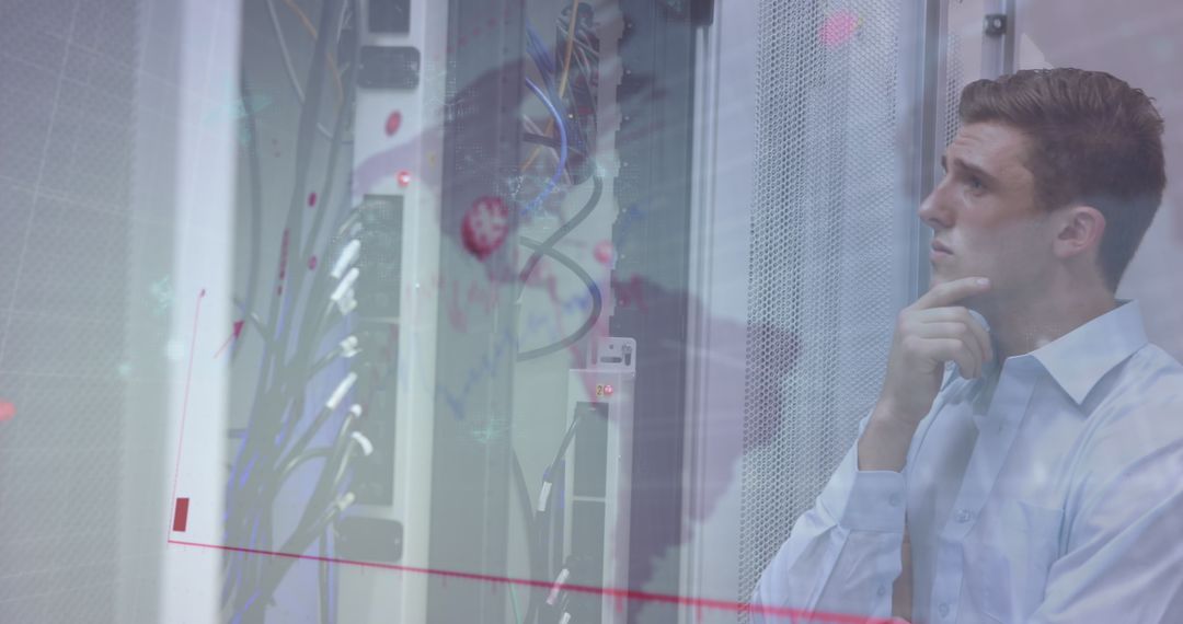 IT Specialist Analyzing Data in High-Tech Server Room