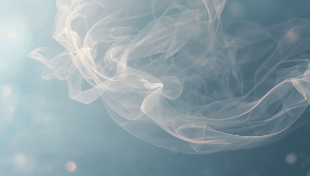Ethereal White Smoke Ribbons Drifting Over Soft Cyan Gradient with Bokeh Orbs
