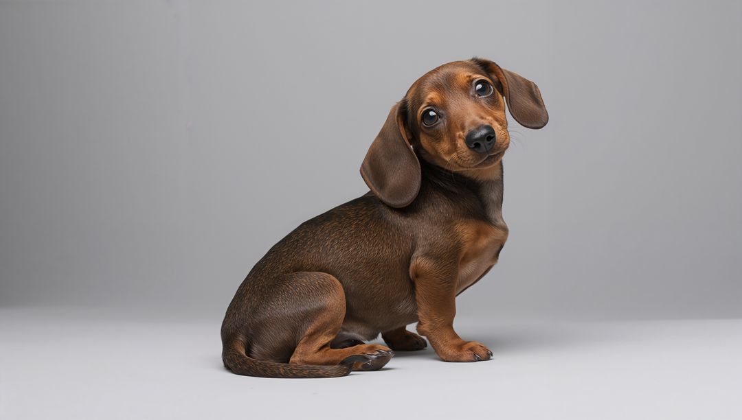 Adorable Dachshund Puppy Sitting on Grey Backdrop