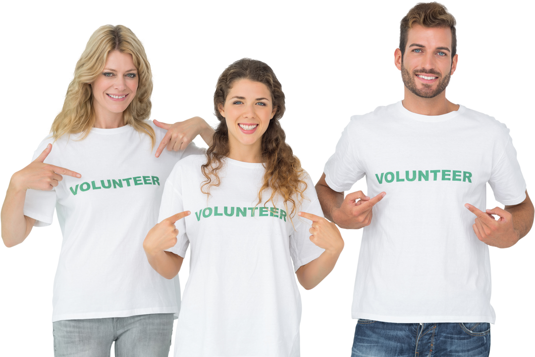 Group of Happy Volunteers Pointing to T-Shirts Transparent Background - Download Free Stock Images Pikwizard.com