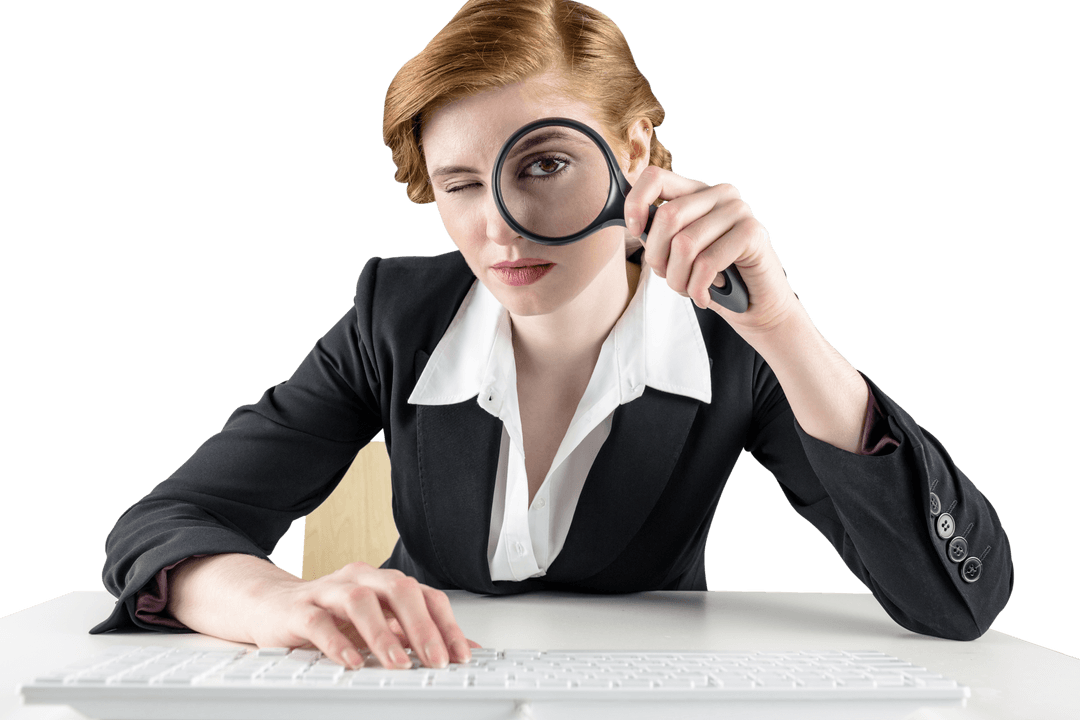 Curious Businesswoman Examining with Magnifying Glass on Transparent Background
