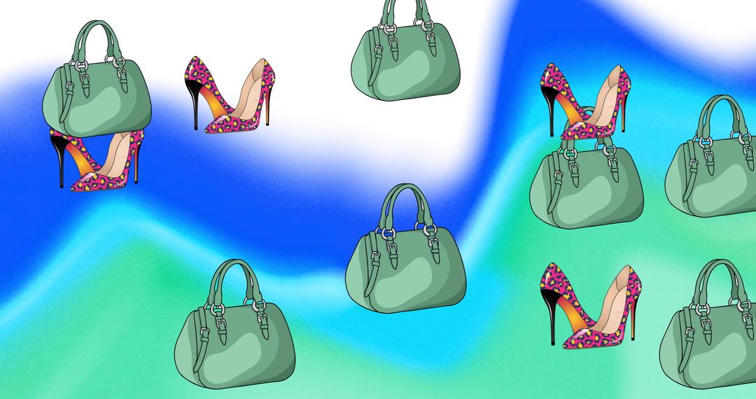 Stylish Green Bags and Colorful Heels on Gradient Background
