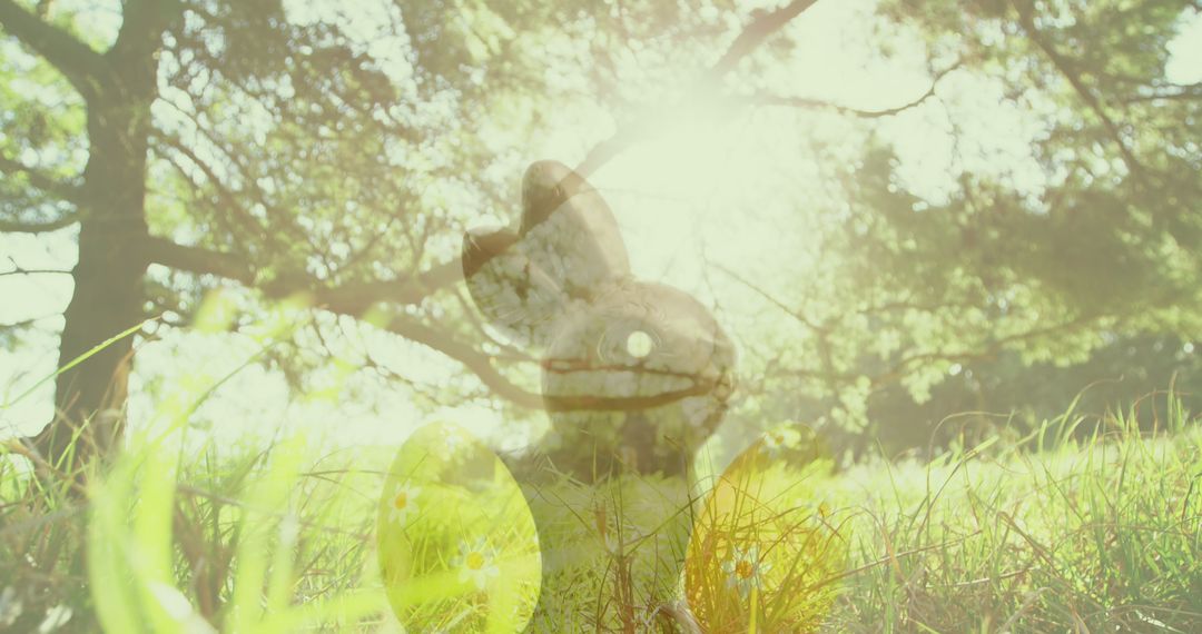 Easter Bunny and Eggs in Sunlit Field Double Exposure