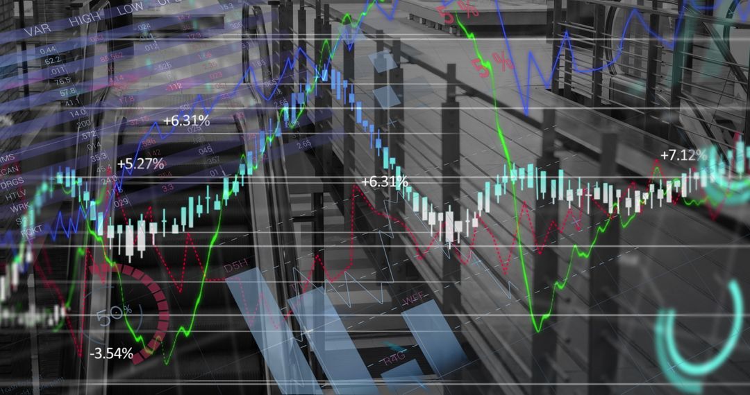 Financial Data Charts Overlay on City Escalator