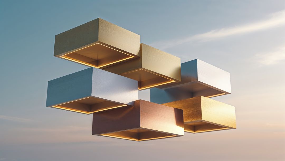 Floating Metallic Prisms with Glowing Interiors at Dusk