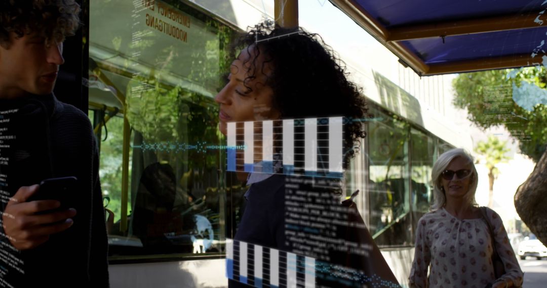 Digital Overlay with Friends Discussing at Bus Stop