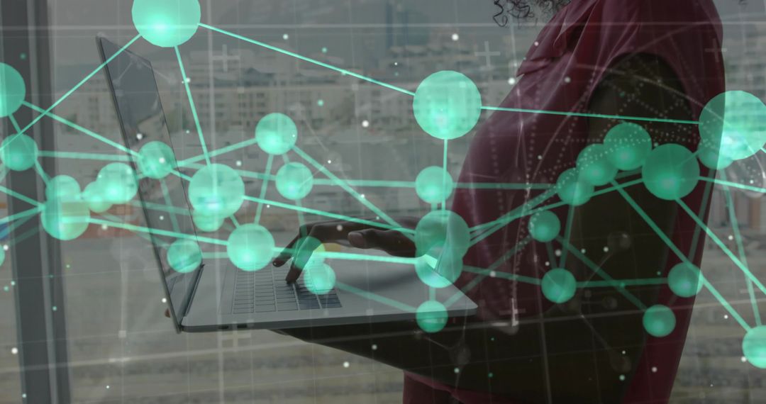 Businesswoman Typing with Digital Network Overlay in Modern Office