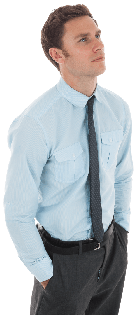 Pensive Businessman Standing with Hands in Pockets Transparent