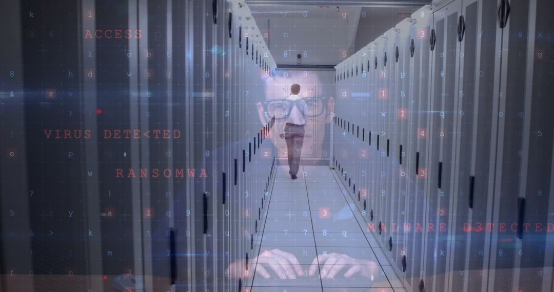 Cybersecurity Threat Concept with Hacker Overlay in Data Center