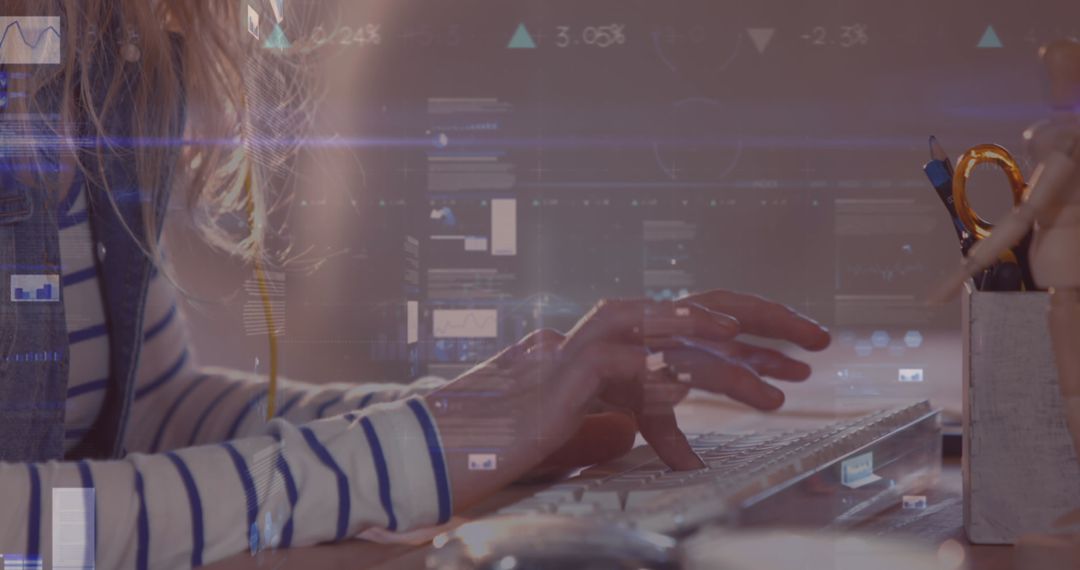 Woman Analyzing Digital Financial Data on Keyboard