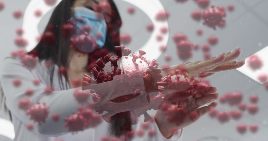 Healthcare Protector Disinfecting Hands Amid Floating COVID-19 Particles