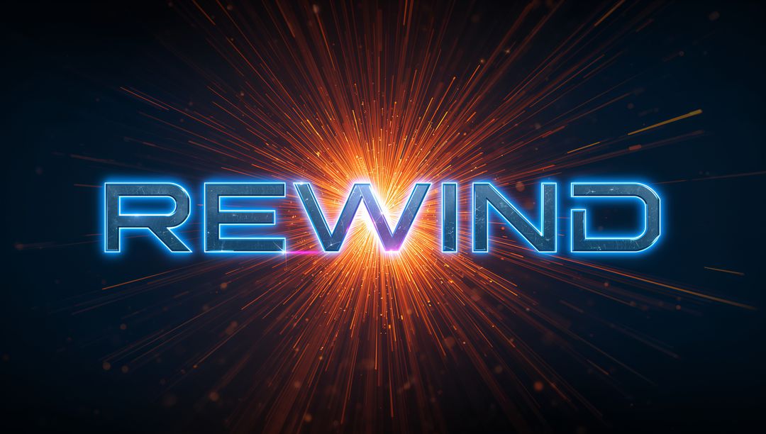 Futuristic Neon REWIND Text Radiating Energy Burst with Orange Rays and Particles for Ads
