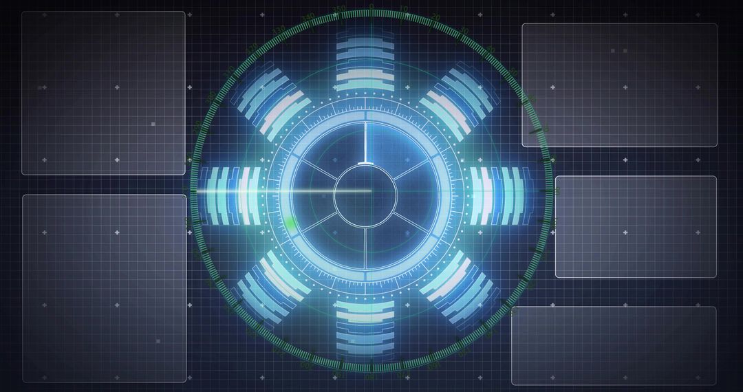 Futuristic HUD Interface with Concentric Rings, Crosshair and Six Radial Data Bars