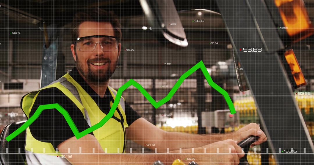Smiling Forklift Operator Tracking Efficiency in Dynamic Industrial Warehouse