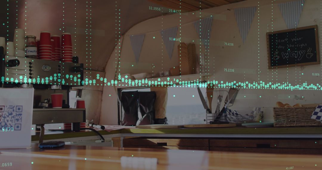 Digital Statistics Overlay on Coffee Shop Background with Laptop Usage