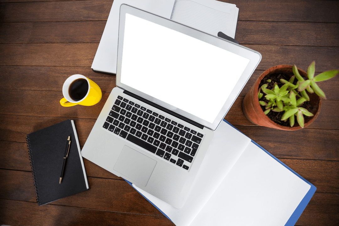 Overhead View Transparent Laptop with Coffee and Potted Plant - Download Free Stock Images Pikwizard.com